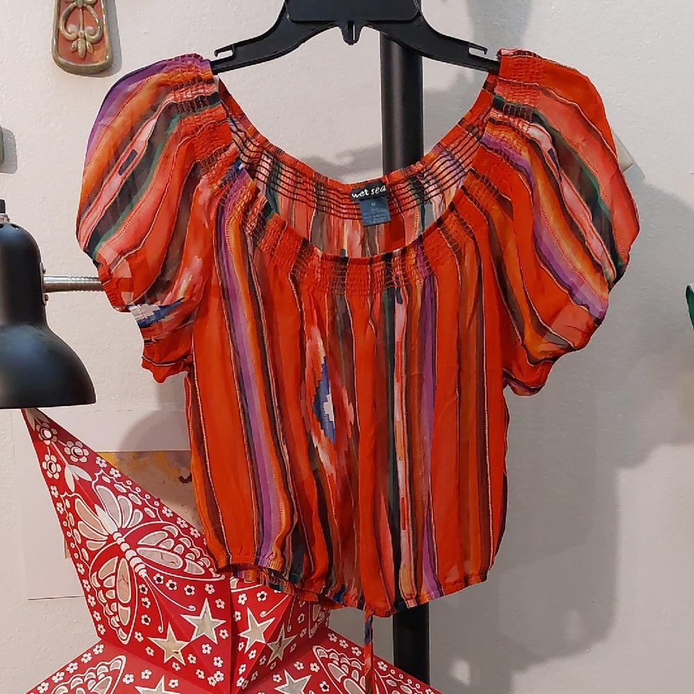 Vintage Y2K Semi Sheer Red Patterned Crop Top *Western Wear*